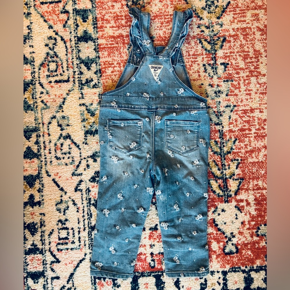 Rare OshKosh 2T Floral Denim Overalls with Ruffle Trim - Picture 9 of 12